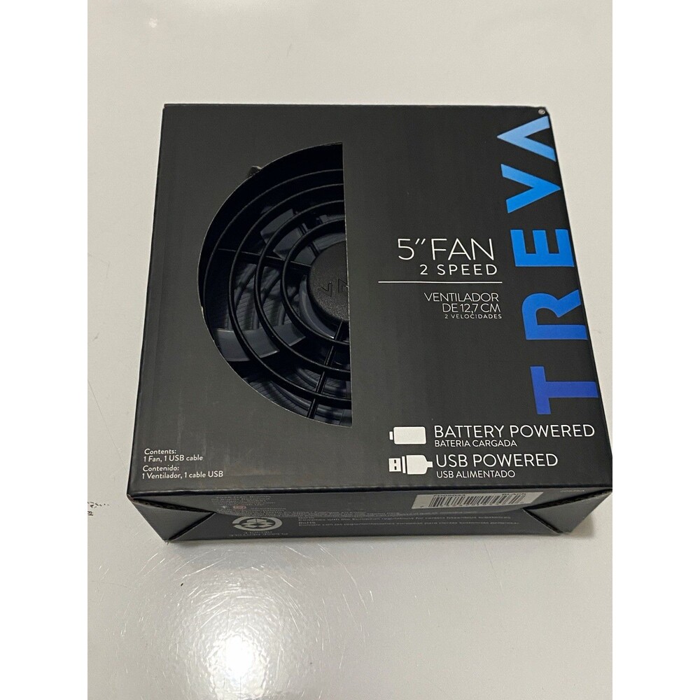 TREVA 5" Portable Table Fan 2-Speed Battery/USB, Adjustable Tilt, Black